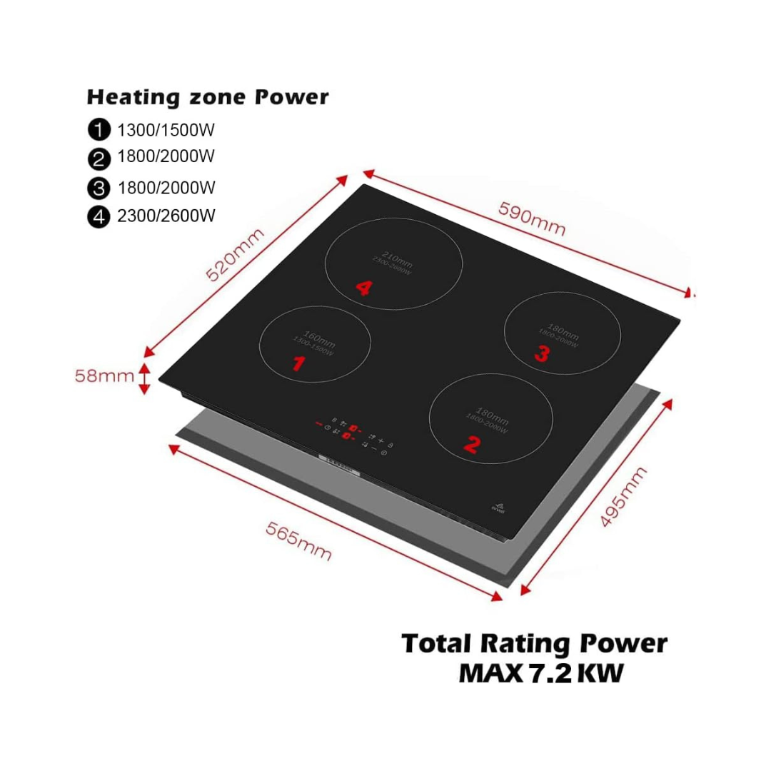 Evvoli Built-In Induction Hob with 4 Burners| 7200W