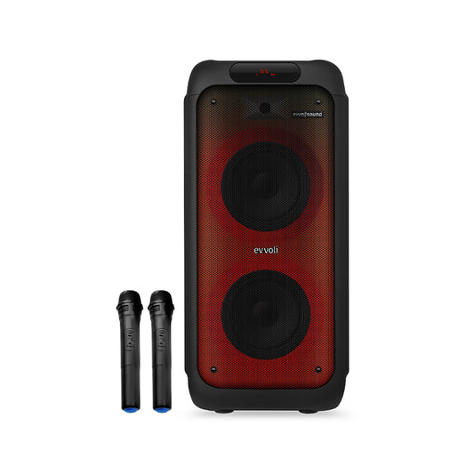 Evvoli Portable Party Speaker with Two Wireless Mic with Built-In Lights And Splashproof Design